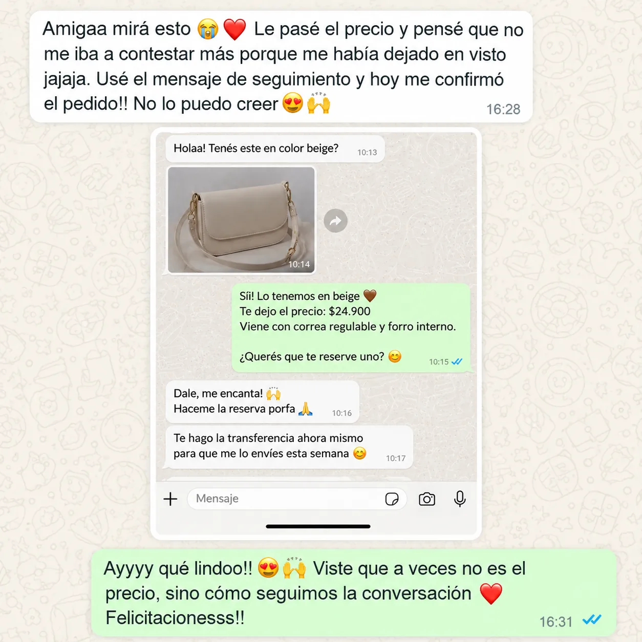 TESTIMONIO: captura real de WhatsApp 1 de 8 — cada una mata una objeción distinta