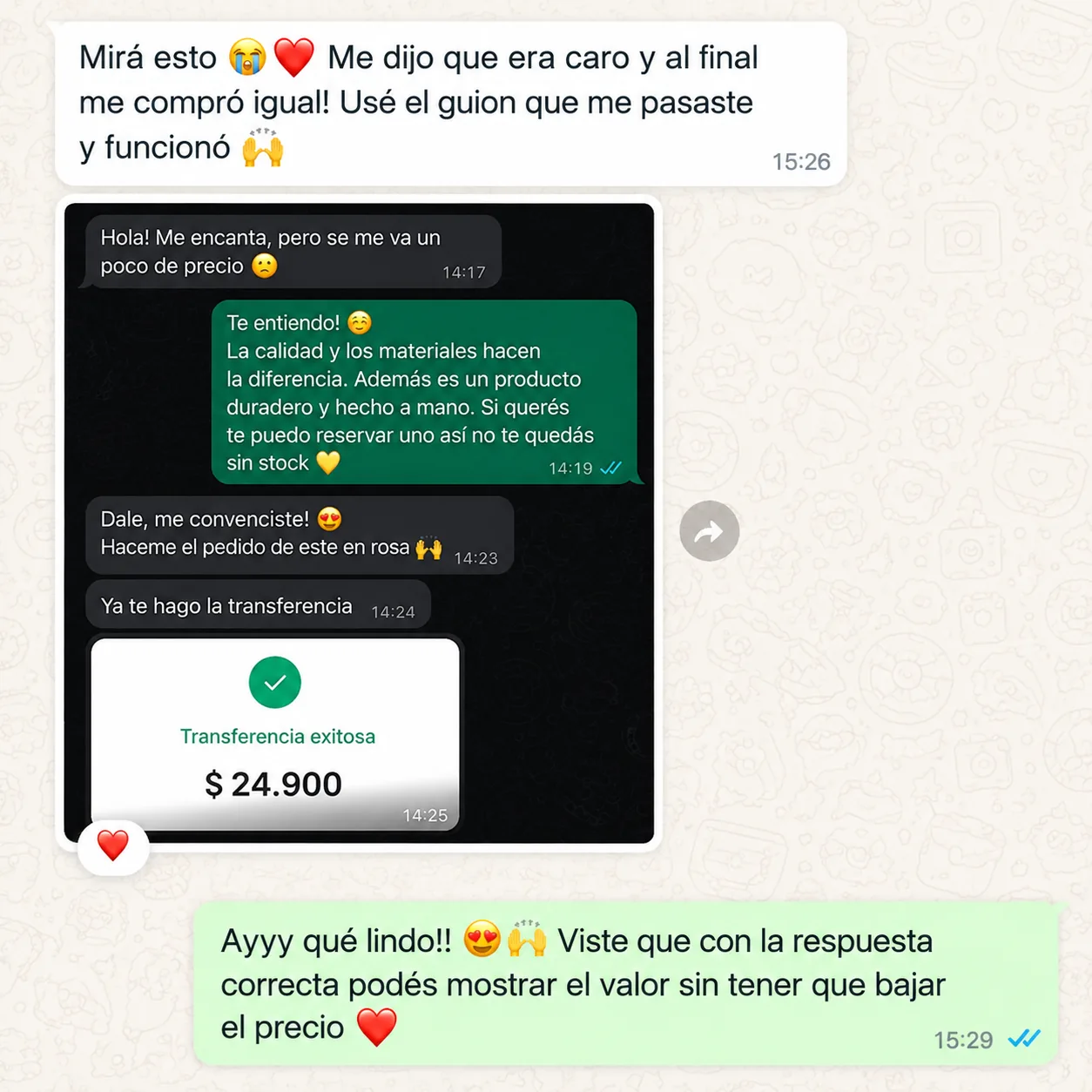 TESTIMONIO: captura real de WhatsApp 2 de 8 — cada una mata una objeción distinta