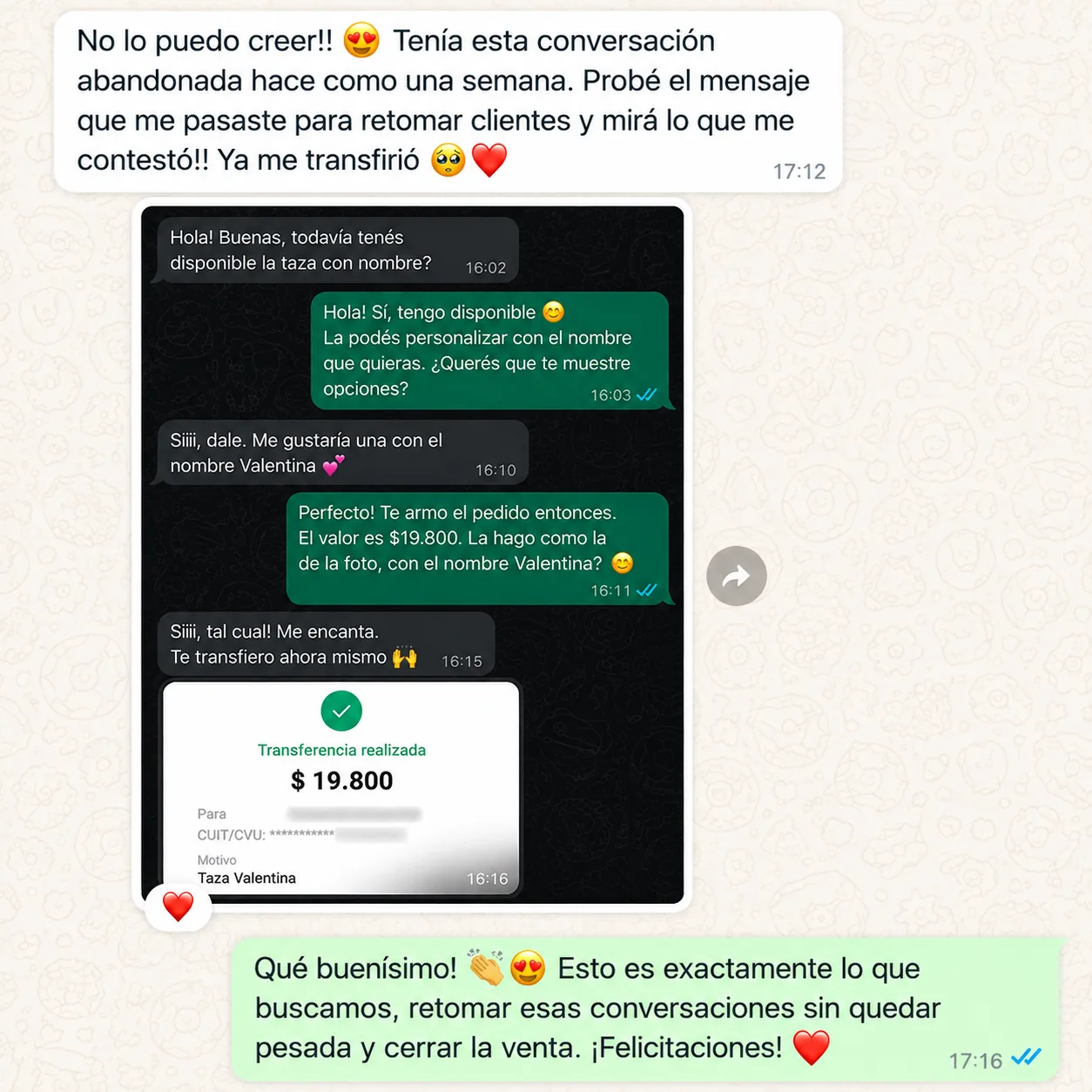 TESTIMONIO: captura real de WhatsApp 3 de 8 — cada una mata una objeción distinta