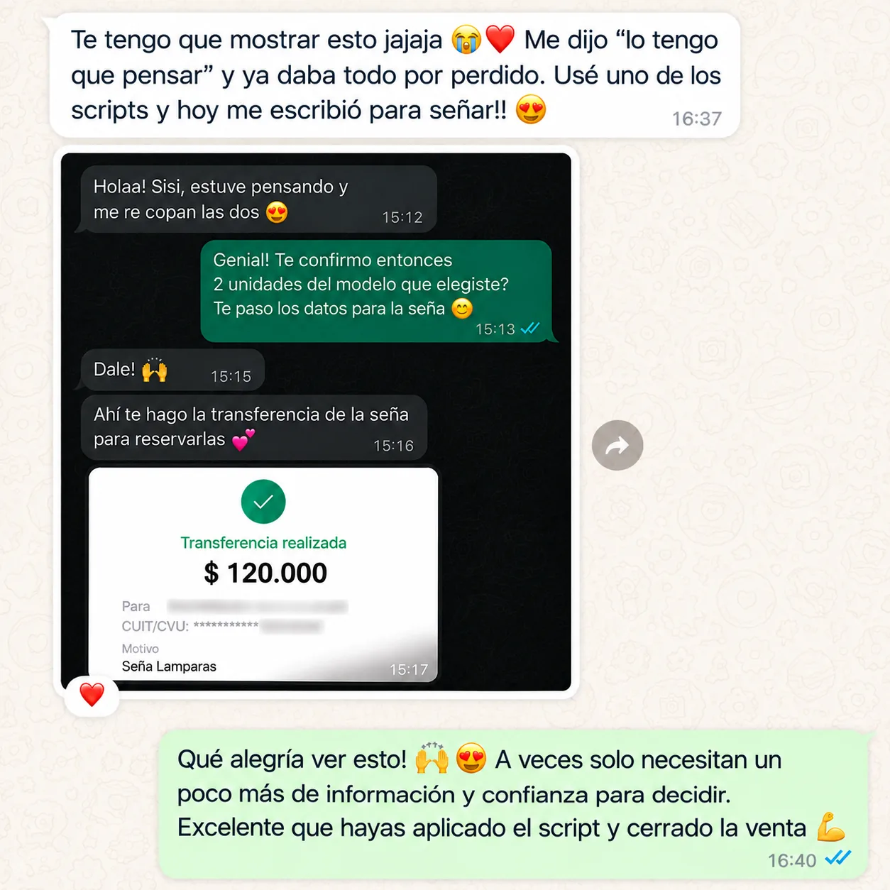 TESTIMONIO: captura real de WhatsApp 5 de 8 — cada una mata una objeción distinta